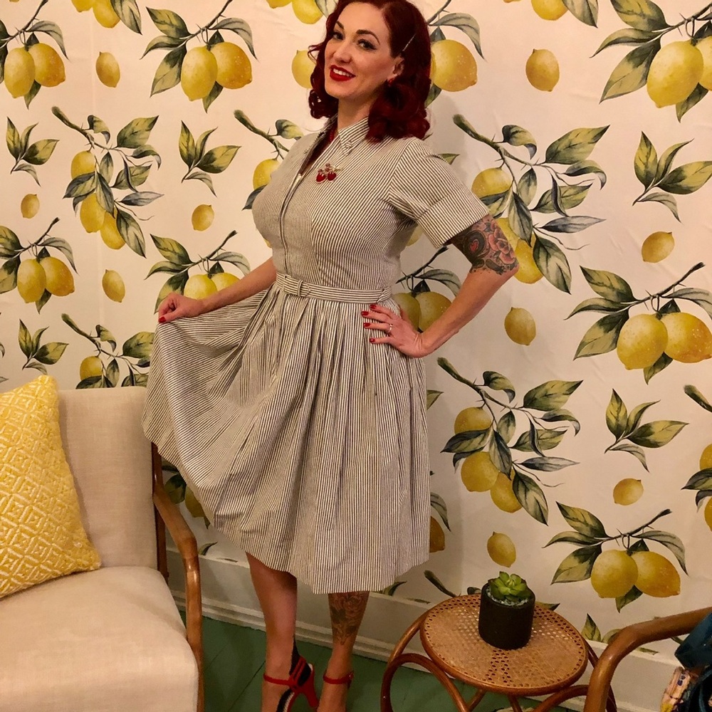 Vintage Classic grey and white Striped shirt Dress - size large